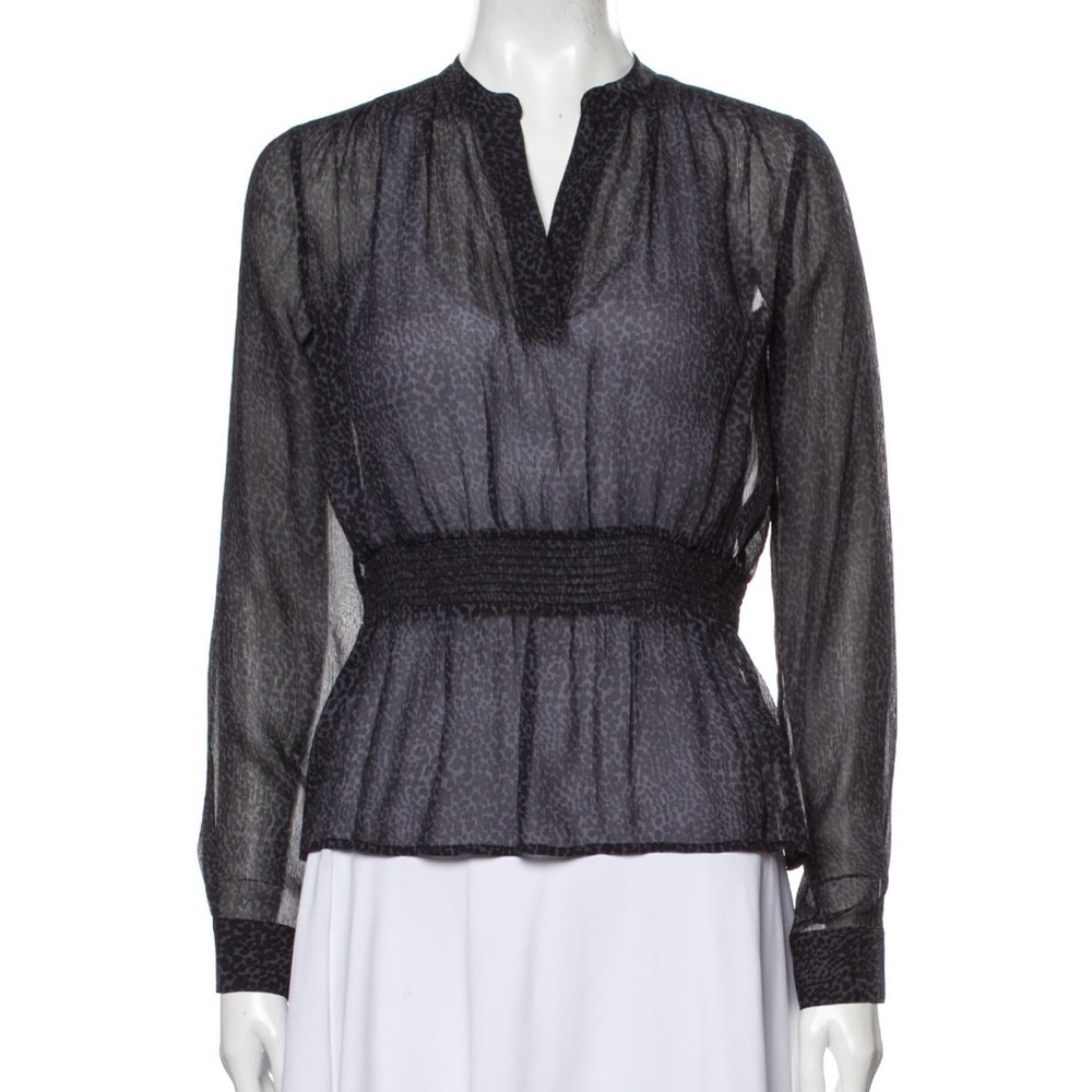 Theory Elegant Animal Print Sheer V-Neck Blouse Party Top Petite / P